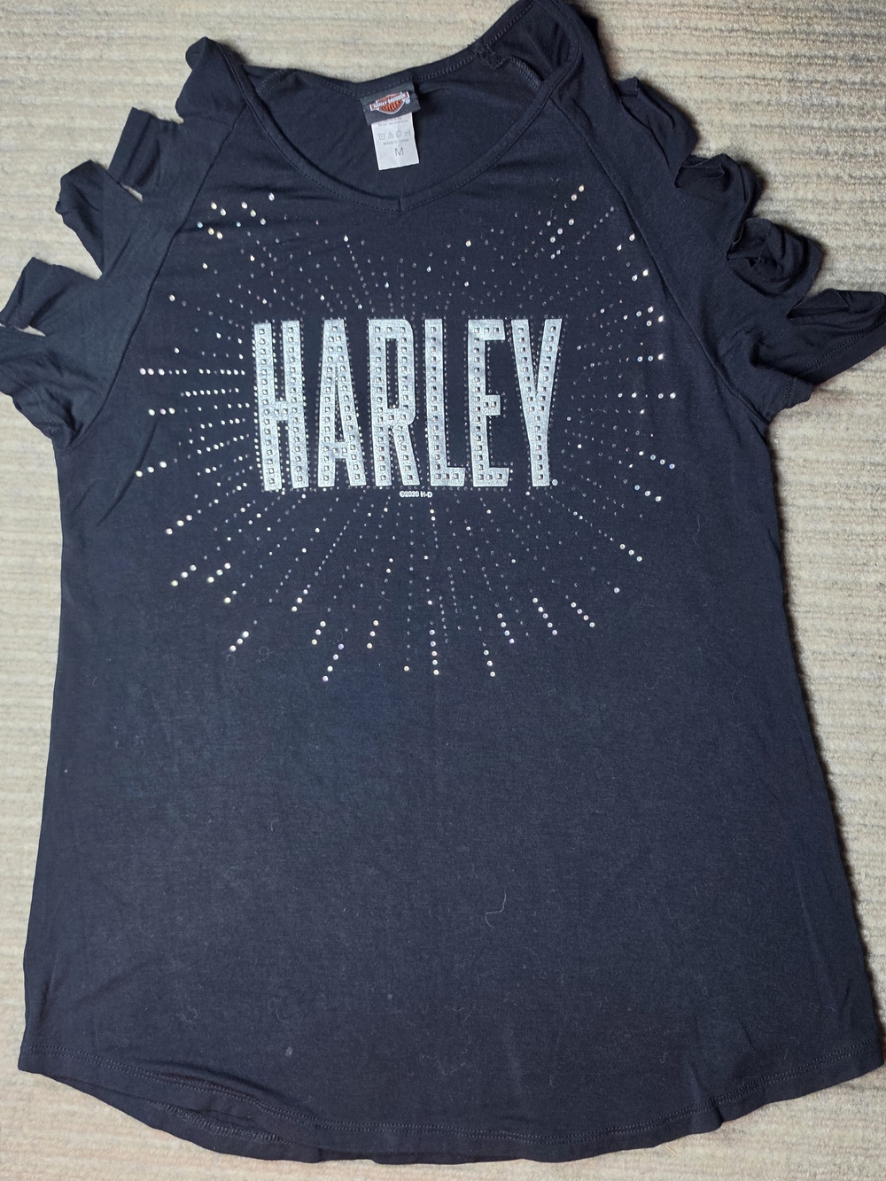 Harley-Davidson women's black graphic shirt shoulder cutouts Rhinestone Logo Med